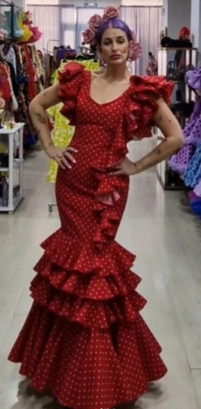 TRAJE DE FLAMENCA - ROJO LUNAR PEQUEÑO BLANCO