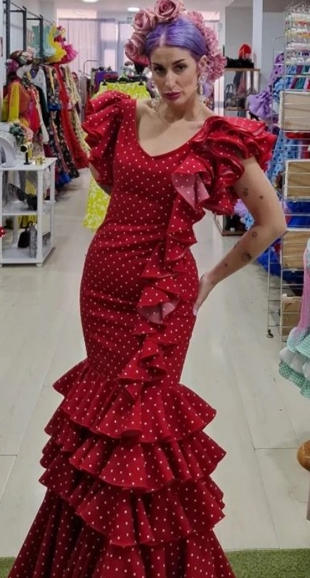 TRAJE DE FLAMENCA - ROJO LUNAR PEQUEÑO BLANCO