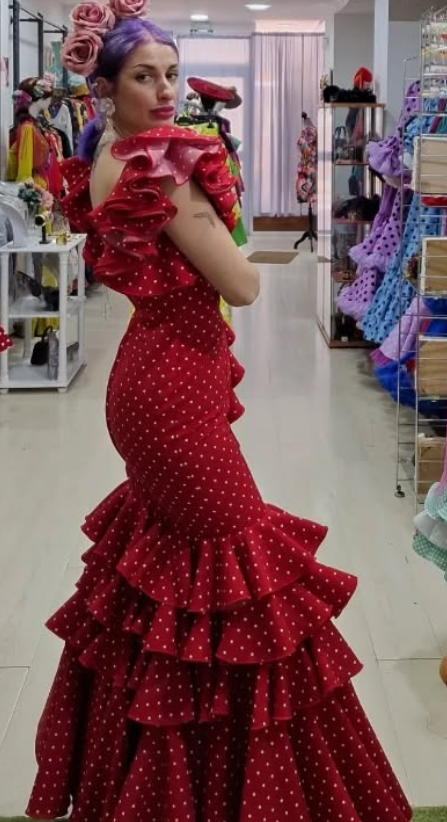 TRAJE DE FLAMENCA - ROJO LUNAR PEQUEÑO BLANCO