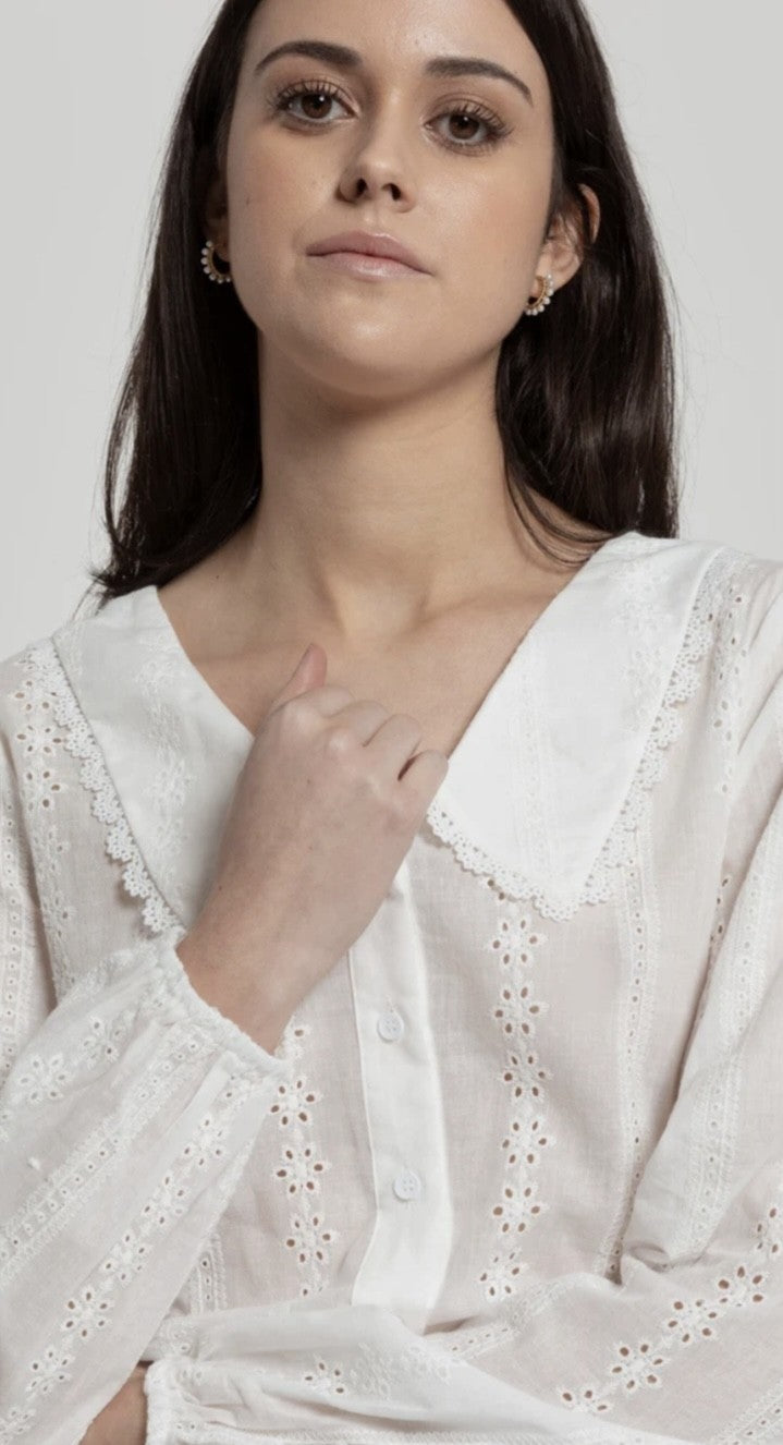 BLUSA - MANGA LARGA DE ENCAJE - BLANCO