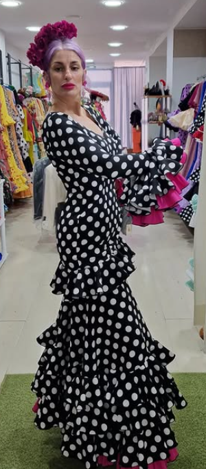 TRAJE DE FLAMENCA - NEGRO LUNAR BLANCO & CANCAN FUCSIA