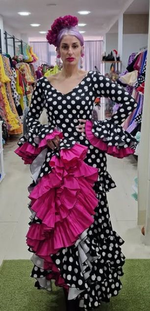 TRAJE DE FLAMENCA - NEGRO LUNAR BLANCO & CANCAN FUCSIA