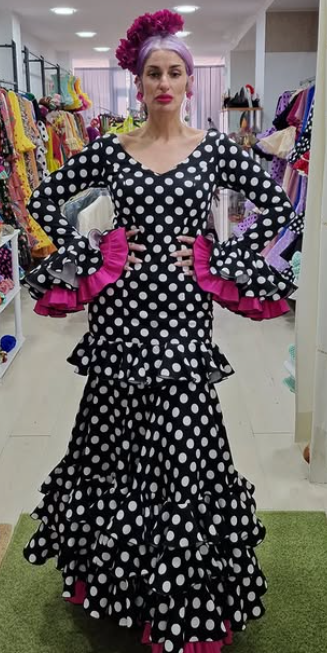 TRAJE DE FLAMENCA - NEGRO LUNAR BLANCO & CANCAN FUCSIA