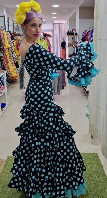 TRAJE DE FLAMENCA - NEGRO CON LUNAR Y CANCAN AGUA MARINA
