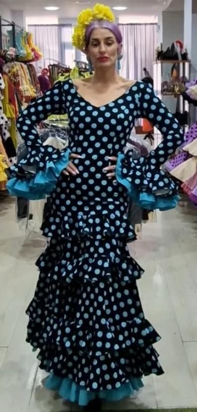TRAJE DE FLAMENCA - NEGRO CON LUNAR Y CANCAN AGUA MARINA