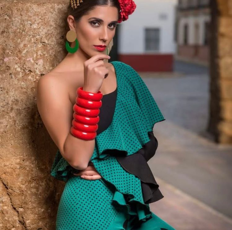 TRAJE DE FLAMENCA - BLUSA Y PANTALON - VERDE LUNAR NEGRO