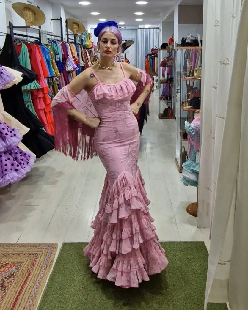 TRAJE DE FLAMENCA - ESTAMPADO - ROSA CLARO