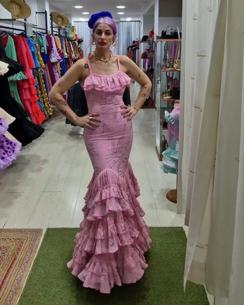 TRAJE DE FLAMENCA - ESTAMPADO - ROSA CLARO