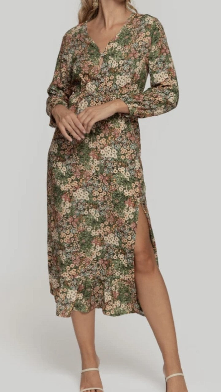 VESTIDO - CAMISERO ESTAMPADO - TONOS VERDES & BEIGE