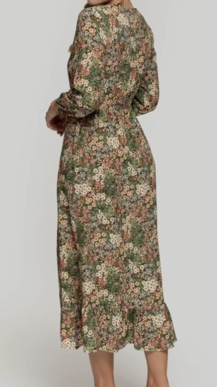 VESTIDO - CAMISERO ESTAMPADO - TONOS VERDES & BEIGE
