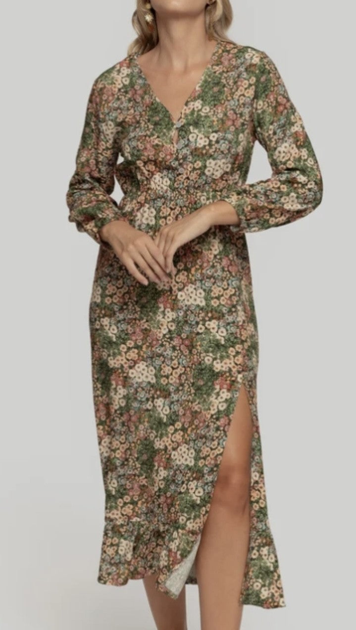 VESTIDO - CAMISERO ESTAMPADO - TONOS VERDES & BEIGE