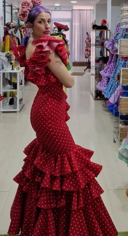 Traje de flamenca - Rojo lunar pequeño Blanco