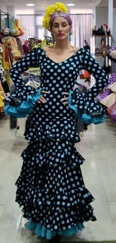 TRAJE DE FLAMENCA  - NEGRO CON LUNAR Y CANCAN AGUA MARINA