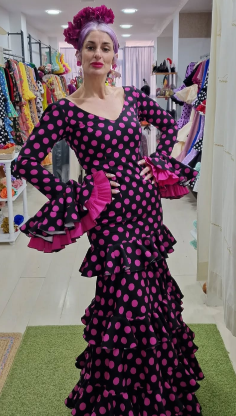 Traje de flamenca - Negro lunar Fucsia